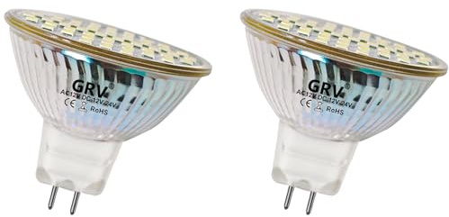 GRV MR16 GU5.3 LED Light Bulb 48-2835SMD AC12V DC12-24V 3W Non Dimmable Glass Cover 30W 35W Halogen Replacement Track Lighting Spotlight Cool White Pack of 2