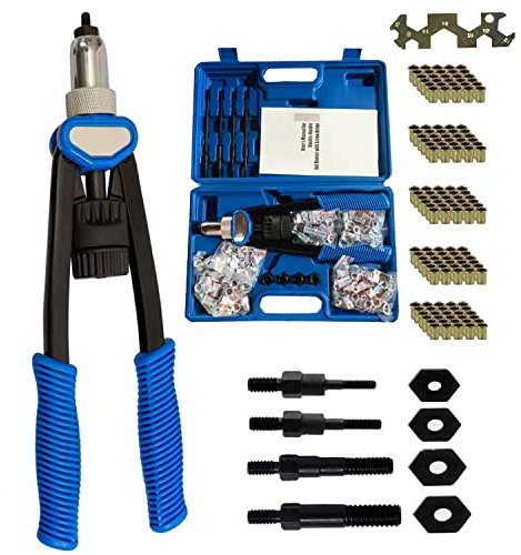 Nietmutternzange mit 150 Nietmuttern M5 M6 M8 M10 M12 Nieten, 5 Austauschbare Dorne Nietzange Profi mit Hoher Hebelwirkung Griffe Blindnietzange Set für Automotive, Metall, Elektro, Transport, usw