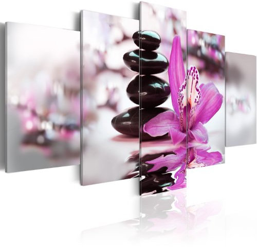 B&D XXL - Wandbilder XXL Blumen Orchidee Feng Shui 150x75cm 5 tlg - Wand Deko Leinwand Bilder Groß Wanddeko Wohnzimmer Schlafzimmer Kunstdrucke - Zen Steine 030210-106