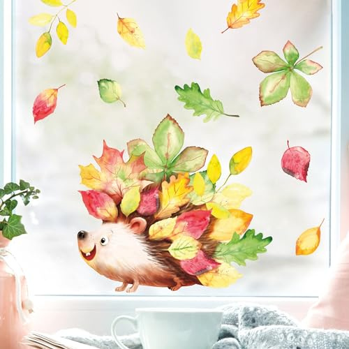 Wandtattoo Loft Fensterbild mit Igel & Blättern Motiv, A4 Bogen, Herbstdeko Kinderzimmer, Herbst Fensterbilder, Fenster