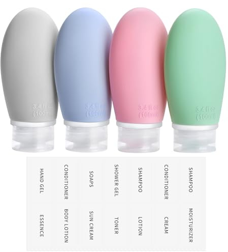 Opret Flacon de Voyage en Silicone Accessoires - 100ml 4 Pcs, Contenant Voyage Flacon Vide, Etanches, pour Shampoing, Lotion, Creme et Liquide, Approuve par FDA sans BPA