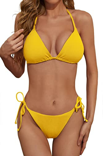 Zuvebamyo Zweiteiliges Bikini Badeanzug Set für Damen, sexy RIPP-Optik Triangel-Top, Badeanzüge mit Bindebändern, freche Bikini-Sets, gelb, S