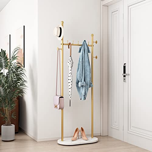 DR.IRON Kleiderständer mit Marmorsockel, moderne Garderobenständer, freistehend, Kleiderständer mit Ablagen für Schlafzimmer, robuste Kleiderständer im Flur, Eingangsbereich, goldfarben