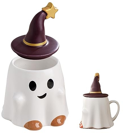 Halloween Geister-Tasse, Geisterbecher Und Löffel-Kombination Halloween-Tasse Mit Löffel Geisterförmige 3D-Keramik-Kaffeetasse Mit Löffel Halloween-Tasse Für Halloween (A)