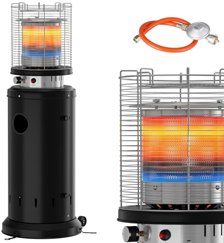 TLSUNNY Heizstrahler Terrasse, Heizpilz Gas, Terrassenstrahler mit Schutzhülle, Heizer Gas mit Rädern, Heringen und Piezoelektrische Zündung, Schwarz, für Terrasse und Balkon