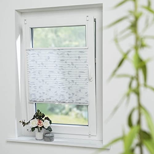 Bedrucktes Klemmfix-Plissee mit Blättermotiv, Lichtschutz, Sichtschutz, verspannt, ohne Bohren oder Schrauben, Breite: 85 cm/Länge: 130 cm