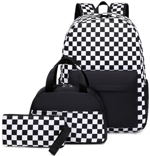 Joyfulife Checkered Backpack for Girls Backpack with Lunch Box Water Resistant Preschool Kindergarten Primary Elementary Kids Bookbags School Bags Set Boys Black White Plaid