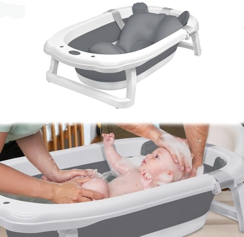 YUENFONG Baby Badewanne, Faltbar, PP Material, Anti Rutsch, Grau mit Sitzkissen