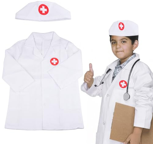 DAKLUNAR Arztkittel Kinder, Kinder Arzt Kostüm Arztkittel Laborkittel Krankenschwester Schürze und Kappe Doktor Zubehör Mädchen Jungen Kinder Spielzeug Geschenke ab 3 4 5 6 7 8 9 Jahre