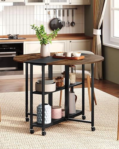 CHOEZON Folding Dining Table, Kitchen Table with 6 Wheels, Folding Round Table with 2-Layer Storage Shelf, Space Saving Dining Table for Small Spaces, Stable, Easy Assembly, Rustic Brown TCZ03BF