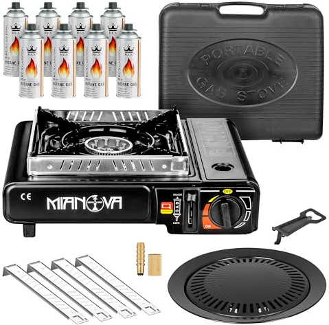 Taffstyle 2 en 1 LPG Conector Gas Camping Hornillo de Emergencia Outdoor BBQ Grill Maletín Cortavientos Cartuchos Negro