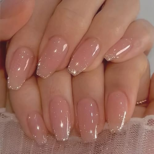 24 Pièces Carrés Faux Ongles Court, French Press on Nails Brillant Ongles à Coller, Acrylique Couverture Complète Square Faux Ongles Autocollants pour Femme et Fille Nail Art