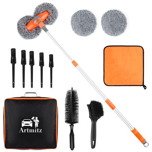 Artmitz Ensemble de 11 brosses de lavage de voiture avec manche rétractable en aluminium de 47 pouces, 2 têtes de vadrouille, outils de nettoyage sans rayures pour voitures, camions, SUV, camping-cars