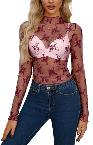 Blusa Transparente para Mujer, Sexy, Parte Superior de Malla, Manga Larga, Transparente, Camiseta básica para Festivales, borgoña, L