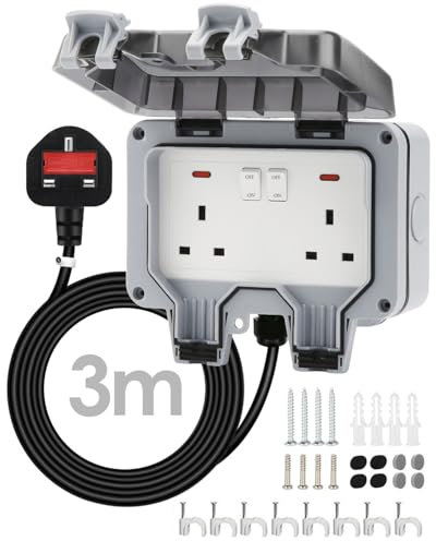 Zenmos Double Outdoor Socket 3M Extension Lead, Outdoor Plug Sockets Waterproof IP66, 13Amp 2 Gang Outside Plug Socket Waterproof, Switch Indicator Light Garden Wall Electrical Outlet Cover Box