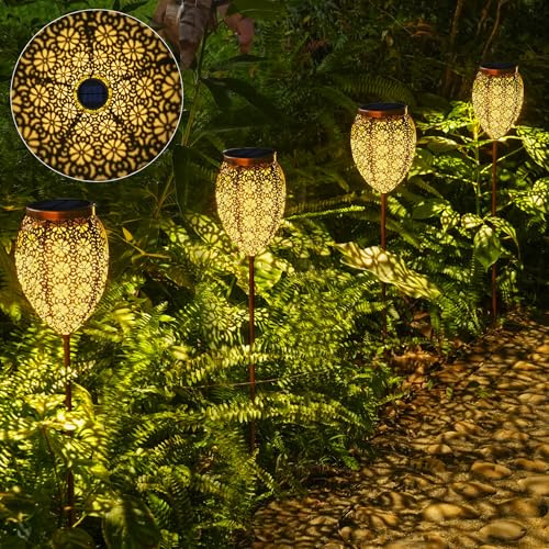 JOYCREATOR Solarlampen für Außen Garten 4 Stück, LED Metall Garten Solarleuchten für Außen IP65 Wetterfest, Vintage Blume Gartenleuchten Solar mit Erdspieß für Balkon Terrasse Deko (Kupfer)