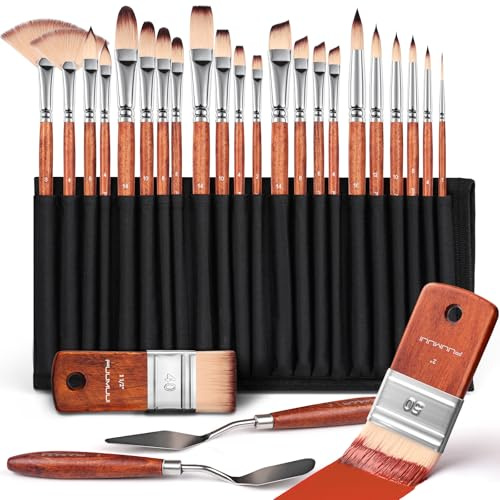 Fuumuui 26pcs Paint Brushes, Professional Acrylic Paint Brush Set Artists Complete Range of Sizes with Upgraded Short Handle Wide Flat & Palette Scraper for Acrylic, Oil, Watercolour, Gouache