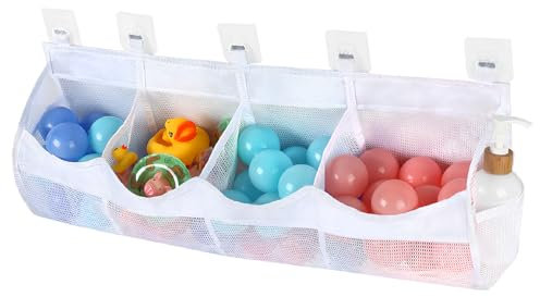 Wisebom Sac de Rangement pour Jouets de Baignoire, Organisateur de Jouets de Salle de Bain avec 4 Compartiments et 5 Crochets Adhésifs, Filet de Rangement pour Jouets de Bain Filet Jouets Bébé, Blanc