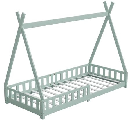 HAGO24 | Kinderbett | 200x90cm Mint | Tipi Bettgestell | Holzhaus | Zeltoptik | Rausfallschutz | Lattenrost | Kiefernholz | Montessori | Spielbett | Natur | dekorierbar