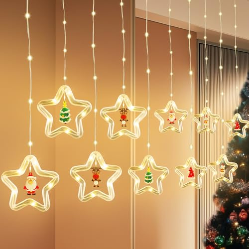 Coomoors Sterne Lichtervorhang mit 10 Weihnachtsschmuck, 4.9m 8 Modi 120 LED Lichterkettenvorhang Fenster Weihnachtsdeko, Lichterkette Weihnachten für Fenster,Balkon,Wände,Kamine,Warmweiß