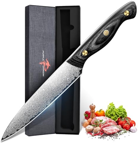Purple Dragon Coltello Universale in Acciaio Damasco 13cm Piccolo Coltello da Cucina con Nucleo VG10 Coltello da Cucina Versatile per Verdure Frutta e Carne Ideale per Taglio Preciso Regalo per Uomini