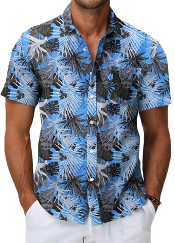 HMIYA Herren Hawaii Hemd Männer 100% Baumwolle Unisex Kurzarm Vordertasche Button Down Sommer Freizeit Urlaub Strand