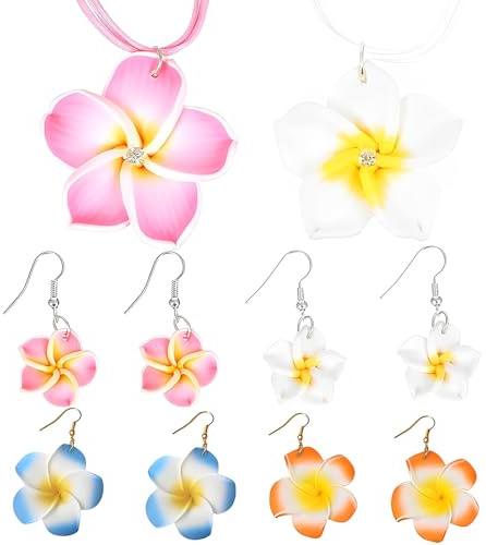 6 Stück Hawaii Deko, Hawaii Outfit Damen, mit 4 Paar Blumen Ohrringe und 2 Hawaii Thema Plumeria Halskette, Hawaii Kette für Dame, Hawaiian Urlaub Strand Hochzeit Hängend Hibiskusblüten Deko