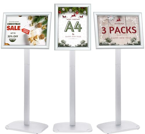Mutualsign Lot de 3 Supports d'Affichage Robustes A4 sur Pied avec Base Stable, Porte-Affiche à Cadre Encliquetable pour Menu/Avis/Publicité/Accueil, Argenté