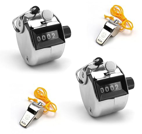 KLEHOPE Zähler Klicker, 2 Stück Handzähler Klicker, 4-Stellig Handzähler, Tragbar Rundenzähler, mit 2 Pfeifen, für Schule, Fitnessstudio, Lagerhaus