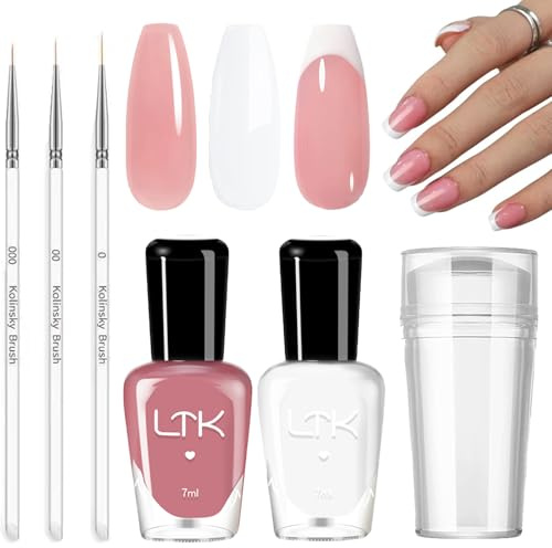 French Manicure Kit - Dark Pink and White Nail Varnish Set - French Tip Gel Polish Chip Resistant & Quick Dry Nail Polish - French Manicure Nail Polish Set with French Tip Stamp, Nail Drawing Pen