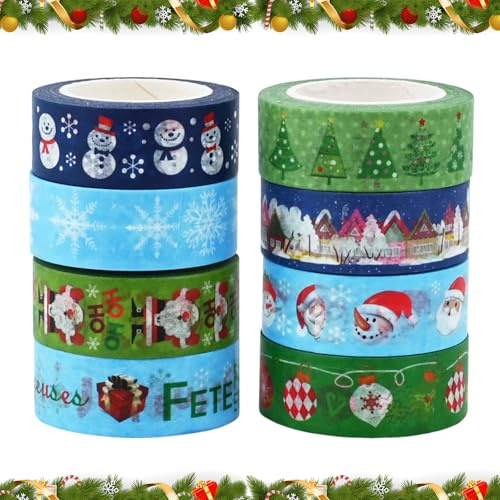 8 Rollen Weihnachten Washi Tape Set Weihnachten Dekoratives Klebeband Weihnachtsmann Schneemann Schneeflocke Washi Klebeband Weihnachts Papier Masking Tape für Kunst DIY Scrapbook Dekoration (B)