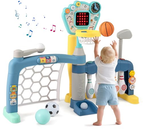 Costzon Toddler Basketball Hoop with Adjustable Height, 5 in 1 Basketball Bowling Baseball Soccer Golf Kids Activity Center, Toddler Sports Toy w/Lights & Sounds, Gift for Baby Boys Girls 18+ Months