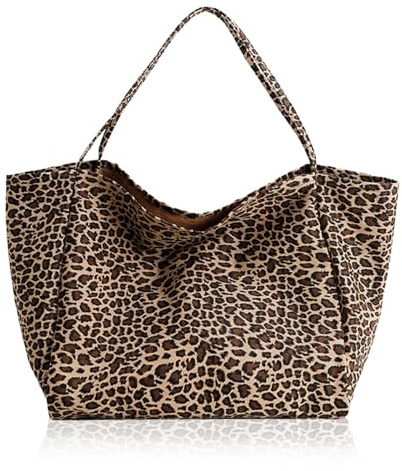 Lufdegim Damen Umhängetasche, Leopardenmuster Canvas Handtasche 41x22x37 cm Große Shopper Tote Bag Tragetasche für Alltag, Büro, Einkaufen Reisen