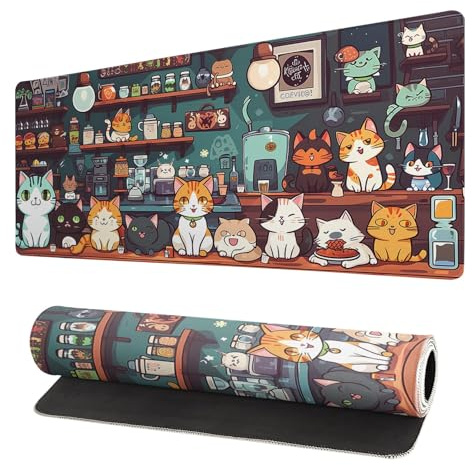 LeKuni Tappetino Mouse Gaming 900x400 mm, Grande Mouse Pad XXL Confortevole, Lavabile, Antiscivolo Tappetino Scrivania Supporto per Computer, PC e Laptop -Ciliegia rosa (Gatto)