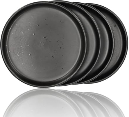Set di piatti da forno e piatti da colazione – nero opaco con punte – Ø 20 cm – Stoviglie in ceramica – Set di piatti rotondi neri (4)