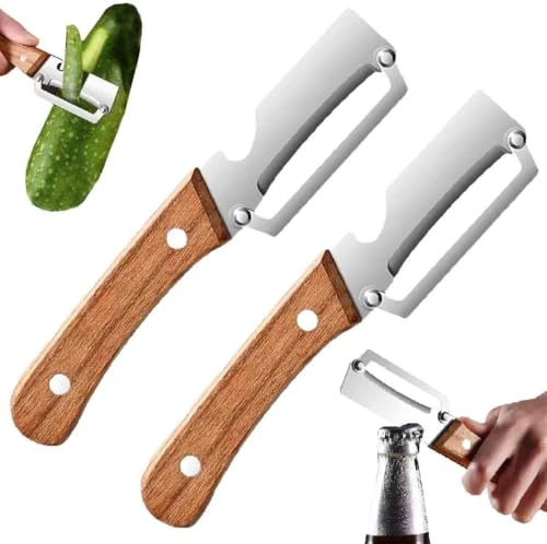 Set Da Multifunzionali Professionali 2 in 1 Con Apribottiglie Lame in Acciaio Ergonomico in Legno Utensile Da Cucina Per Pelare Frutta E Verdura (2 pezzi)