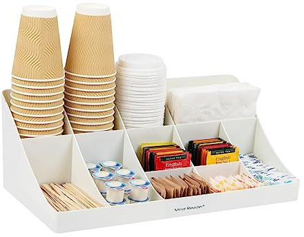 Mind Reader COMORG-WHT Station, Coffee Bar 11-Compartment, 2-Tier Cup and Condiment Countertop Organizer, 17.875 L x 9.5 W x 6.625 H, Plastic, White