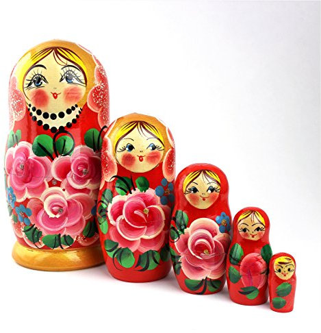 Heka Naturals Rosen-Nest-Dolls | All-Natürliche Holz-Matroshka-Set (5 Stück, 18cm) - Traditionelle Babuschka-Hausdeko, Holzstapeltoys, Handgemachte Spielsachen & Spiele, Form-Sortierzubehör