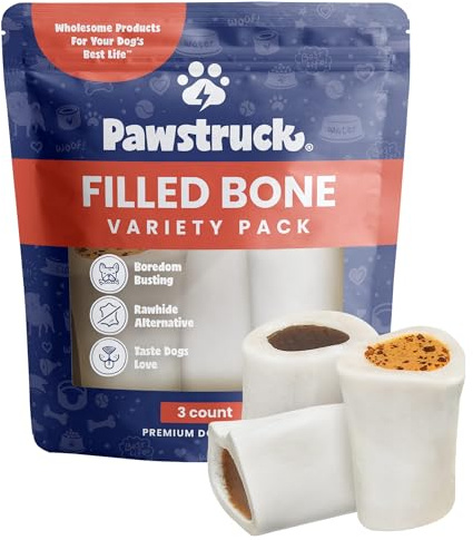 Pawstruck Small 3” Filled Dog Bones Variety Pack - Peanut Butter, Cheese & Bacon, Beef Flavors - Made in USA Long Lasting Stuffed Femur Treat for Aggressive Chewers - Pack of 3 - Packaging May Vary