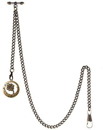 TREEWETO Men's Albert Chain Pocket Watch Curb Link Key Chain 2 Hooks with Antique Lucky Four-Leaf Clover Bronze Pendant Design Charm Fob T Bar