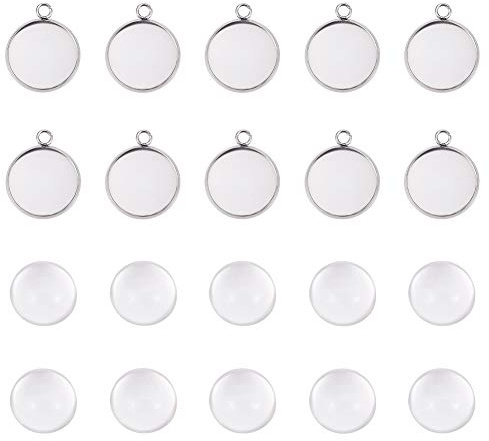 UNICRAFTALE 10 Sets 16mm Flat Round Tray Anhänger Herstellung Kits 304 Edelstahl Anhänger Cabochon Einstellungen Und Klarglas Cabochon Für Frauen Halsketten Schmuckherstellung