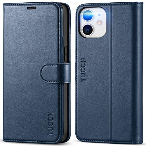 TUCCH Hülle für iPhone 12 mini (5,4), Dunkelblau | Handyhülle, Verdicktes TPU, Kartenfächer, Standfunktion, Magnet, Stoßfeste Schutzhülle, Bookcase