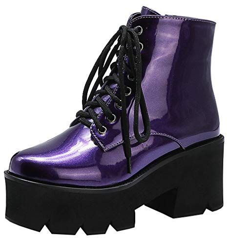 Parisuit Women's Chunky Gothic High Heels Lace Up Ankle Boots Patent Leather Platform Booties Fashion Punk Shoes-purple size 7