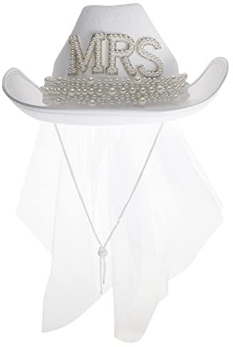 TOYANDONA Braut Cowgirl Hut mit Schleier: Frauen weißer Cowboyhut Kristall Mrs Country - Westernhut Neuheit Junggesellinnenabschied Brautparty Verkleiden Zubehör Braut zu Sein Geschenk