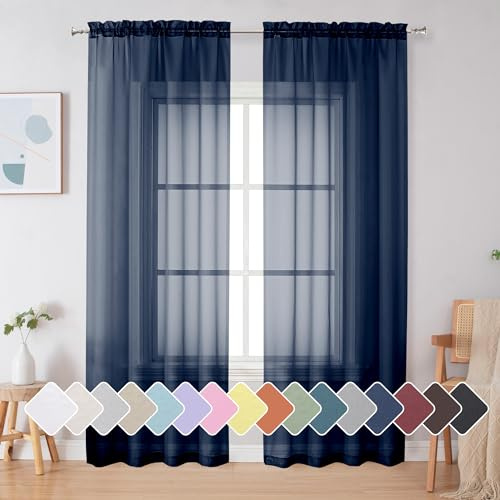 Simplebrand Blue Sheer Curtains 84 Inches Long, Light Filtering Rod Pocket Solid Color Sheer Window Curtain Panels, Elegant Curtains & Drapes for Bedroom 2 Panels (Navy Blue, 42 W x 84 L)