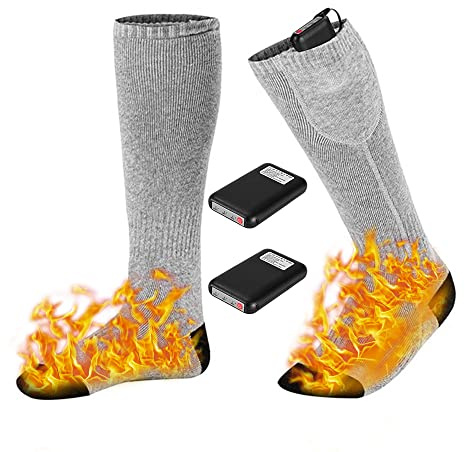 Calze Riscaldate a Batteria, Gobesty Calzini Riscaldati per Donna e Uomo, Calzini Riscaldanti Ricaricabili 4000 mAh, 3 Livelli di Riscaldamento, per Campeggio Caccia Pesca Ciclismo, Grigio