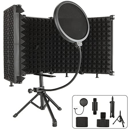 MIVIDE Bouclier d'isolation pour Microphone avec Trépied, Bouclier d'isolation Acoustique avec Filtre anti pop et Trépied, 5 Panneaux Pliable en Mousse Absorbant pour Anti Bruit et Vent (Noir)