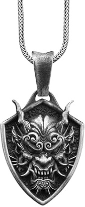 BySilverStone - Oni-Maske, Handgefertigte Sterling-Silber-Charm-Halskette, Die Kunst Des Japanischen Masken-Silberschmucks, Gothic-Halskette, Oni-Masken-Anhänger, Japanisches Geschenk