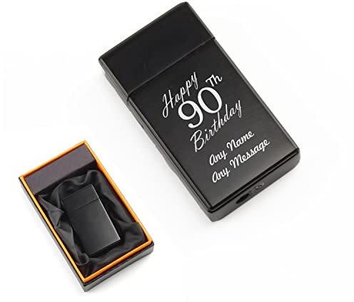 Personalised Engraved Black Torch Gas Jet Lighter, Comes with Presentation Box, Happy 90th Birthday Design, Gift for Him, Father, Birthday Gift, Engraved in The UK