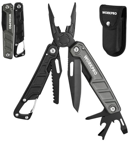 WORKPRO Pinza Multiuso, Pinza Multiuso con Coltello, Cacciavite, 11 in 1 Pinza Tascabile Multifunzione in Acciaio Inossidabile, con Fibbia da Alpinismo e Borsa Oxford (verde e nero)